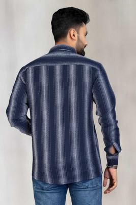 DUCCKCREATION Men Striped Formal Blue Shirt