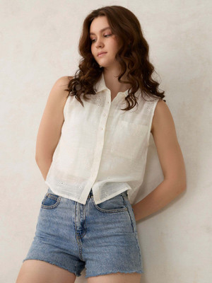 OUTZIDR Women Self Design Casual White Shirt