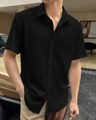 QSHOPQ Men Self Design Casual Black Shirt