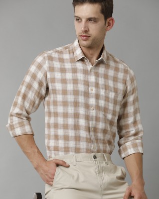 Linen Club Men Checkered Casual Beige Shirt