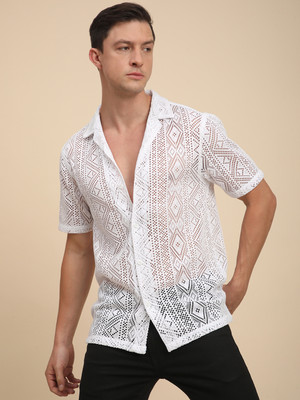 Voroxy Men Self Design Casual White Shirt
