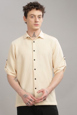 BLU MNKY Men Self Design Casual Cream Shirt