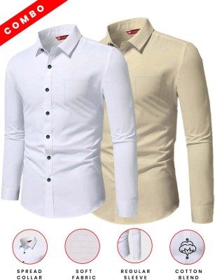 Yugnik Men Solid Casual Beige, White Shirt(Pack of 2)