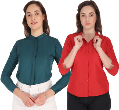 Mamnoon Women Solid Formal Red, Dark Green Shirt(Pack of 2)