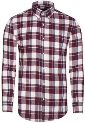 french crown Men Checkered Casual Maroon, White Shirt