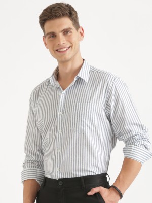 JOVEN Men Striped Casual White, Grey Shirt