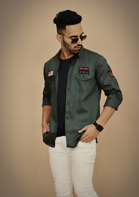 vesloo willow Men Solid Casual Dark Green Shirt