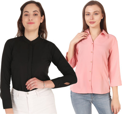 Mamnoon Women Self Design Formal Black Shirt(Pack of 2)