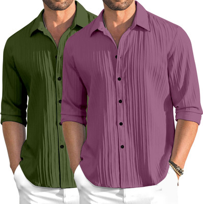 OXXOM Men Self Design Casual Green, Pink Shirt(Pack of 2)