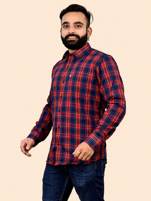 V K Creation Men Checkered Casual Orange, Dark Blue Shirt