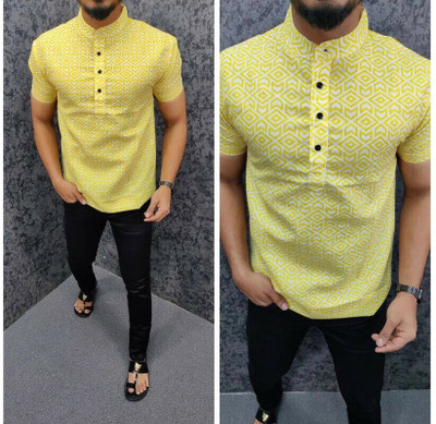 TEN TOXIC CREATION Men Printed Casual Yellow, White, Blue Shirt