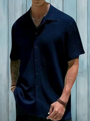 MUMIN Men Solid Casual Dark Blue Shirt