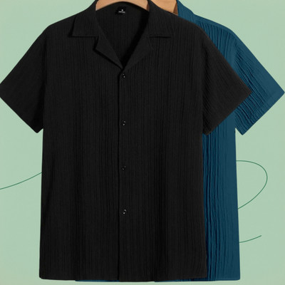 Looksky Men Self Design Casual Black, Blue Shirt(Pack of 2)