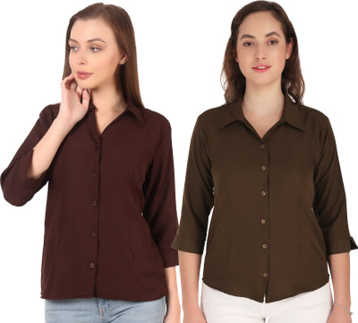 Giggles Women Solid Casual Brown, Maroon Shirt(Pack of 2)
