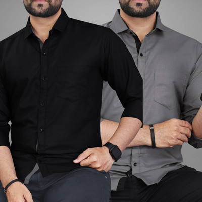 BROWEARS Men Solid Casual Black, Grey Shirt(Pack of 2)