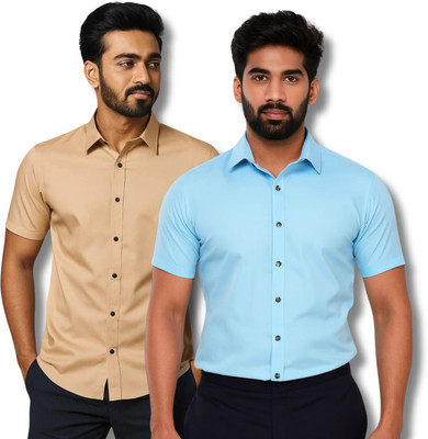 RAREMARK Men Solid Formal Orange, Blue Shirt(Pack of 2)