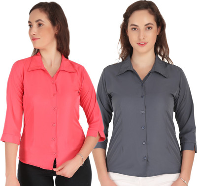 Giggles Women Solid Casual Grey, Red Shirt(Pack of 2)