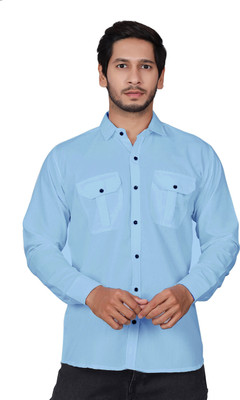 ShopGlobal Men Solid Casual Light Blue Shirt