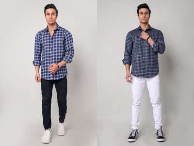 Tanip Men Checkered Casual Dark Blue, White Shirt(Pack of 2)