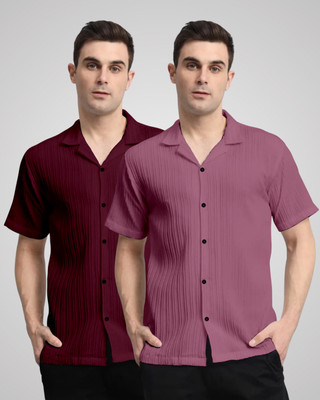 kruze Men Self Design Casual Maroon, Pink Shirt(Pack of 2)