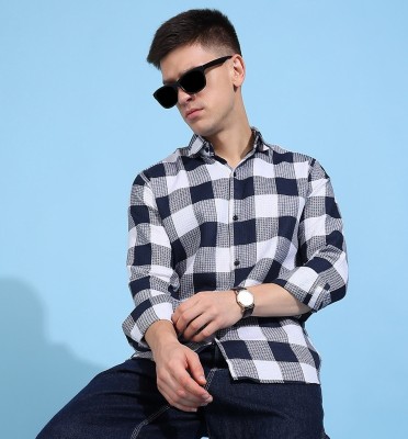 COMBRAIDED Men Checkered Casual Blue Shirt