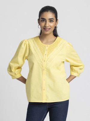 SHAYE SHAYE Women Self Design Casual Yellow Shirt
