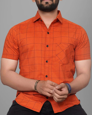 METRONAUT Men Solid, Checkered Casual Orange Shirt