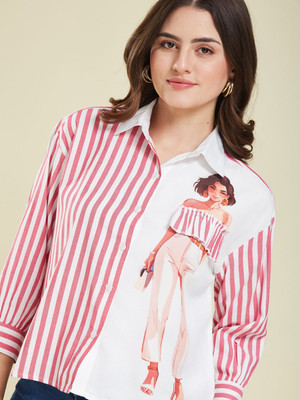 J TURRITOPSIS Women Printed, Striped Casual Pink Shirt
