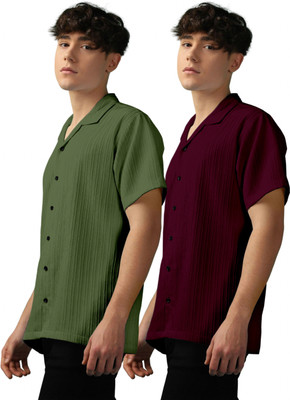 OXXOM Men Self Design Casual Green, Maroon Shirt(Pack of 2)