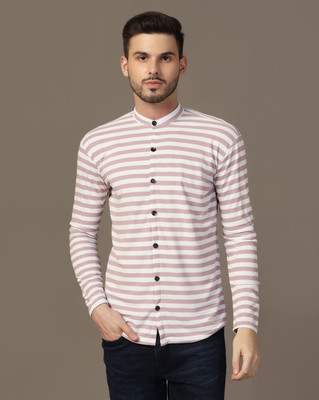 GEUM Men Striped Casual White, Pink Shirt