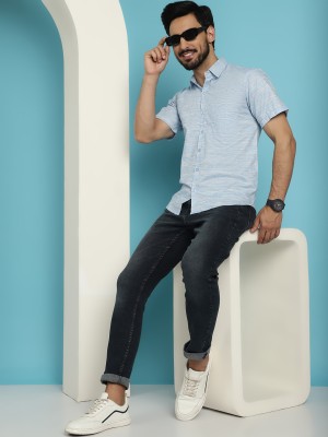 Indian Needle Men Self Design Casual Light Blue, White Shirt