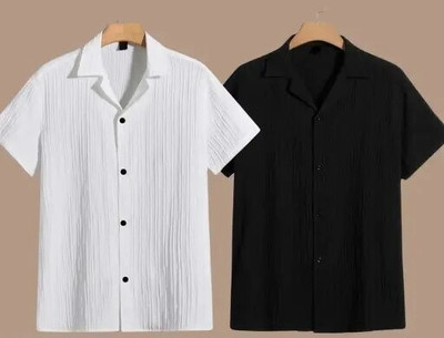 VRLOOKS Men Self Design Casual White, Black Shirt(Pack of 2)