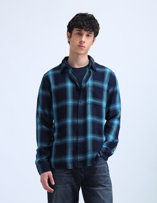 FLYING MACHINE Men Checkered Casual Green, Blue Shirt