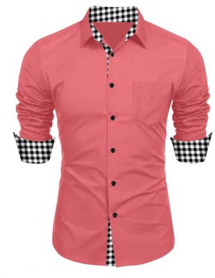 DEELMO Men Solid Casual Pink Shirt