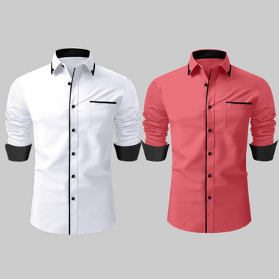 LAXBON Men Solid Casual White, Pink Shirt(Pack of 2)