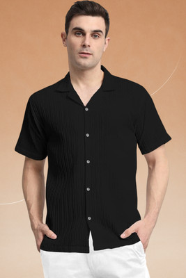 A DEEMOON TREND Men Self Design Casual Black Shirt