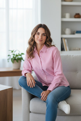 FUBACK Women Striped Casual Pink, White Shirt