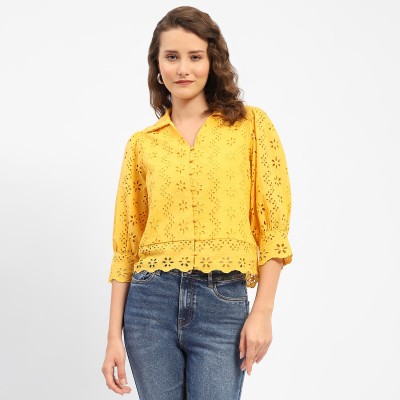 MADAME Women Self Design Casual Yellow Shirt