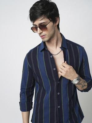 VASTRADO Men Striped Casual Dark Blue Shirt
