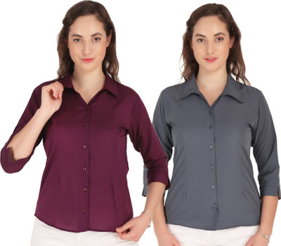 HEAVENS CREATIONS Women Solid Casual Grey, Purple Shirt(Pack of 2)