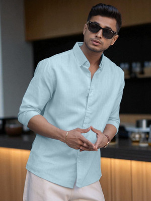 Yanthhi Men Solid Casual Light Blue Shirt