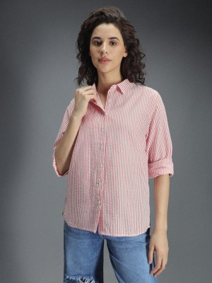 High Star Women Striped Casual Pink, White Shirt