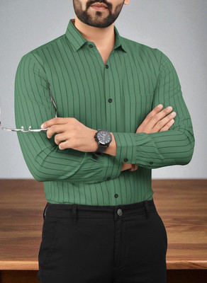 MOJAMEDI Men Striped Formal Green Shirt