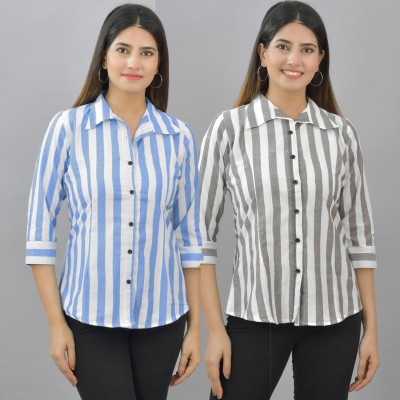 QuaClo Women Striped Casual Blue, Grey Shirt(Pack of 2)