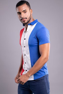 GEUM Men Self Design Casual Red, White, Blue Shirt