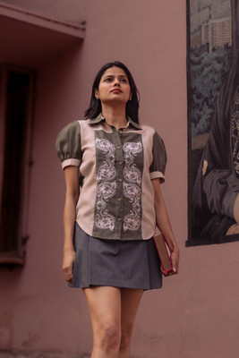 Oudhi Women Embroidered, Ethnic Motifs Casual Dark Green, Beige Shirt