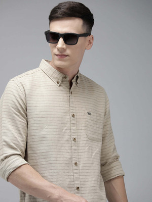 THE BEAR HOUSE Men Striped Casual Beige Shirt
