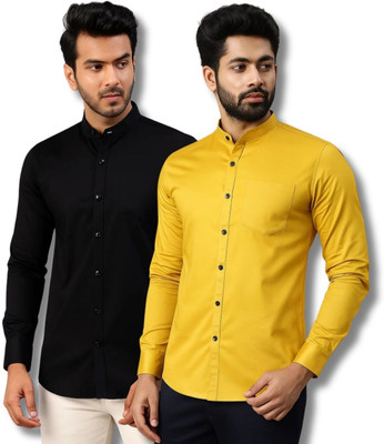 GOD HEART Men Solid Casual Black, Yellow Shirt(Pack of 2)