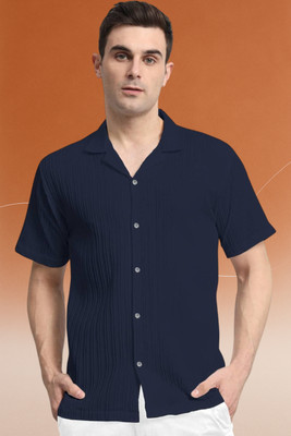 A DEEMOON TREND Men Striped Casual Dark Blue Shirt