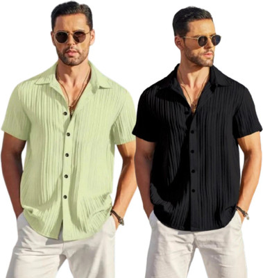 METRONAUT Men Self Design Casual Light Green, Black Shirt(Pack of 2)